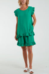 Frill Sleeve Back Button Top & Shorts Co-Ord Set