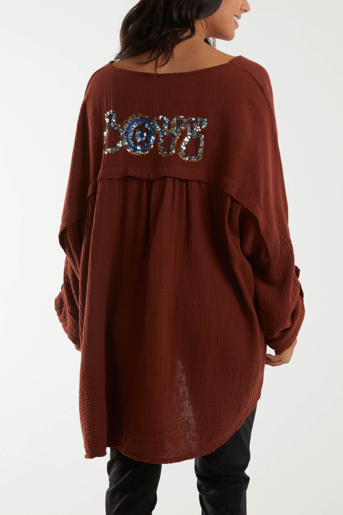 Oversized Cheesecloth Sequin "Love" Blouse