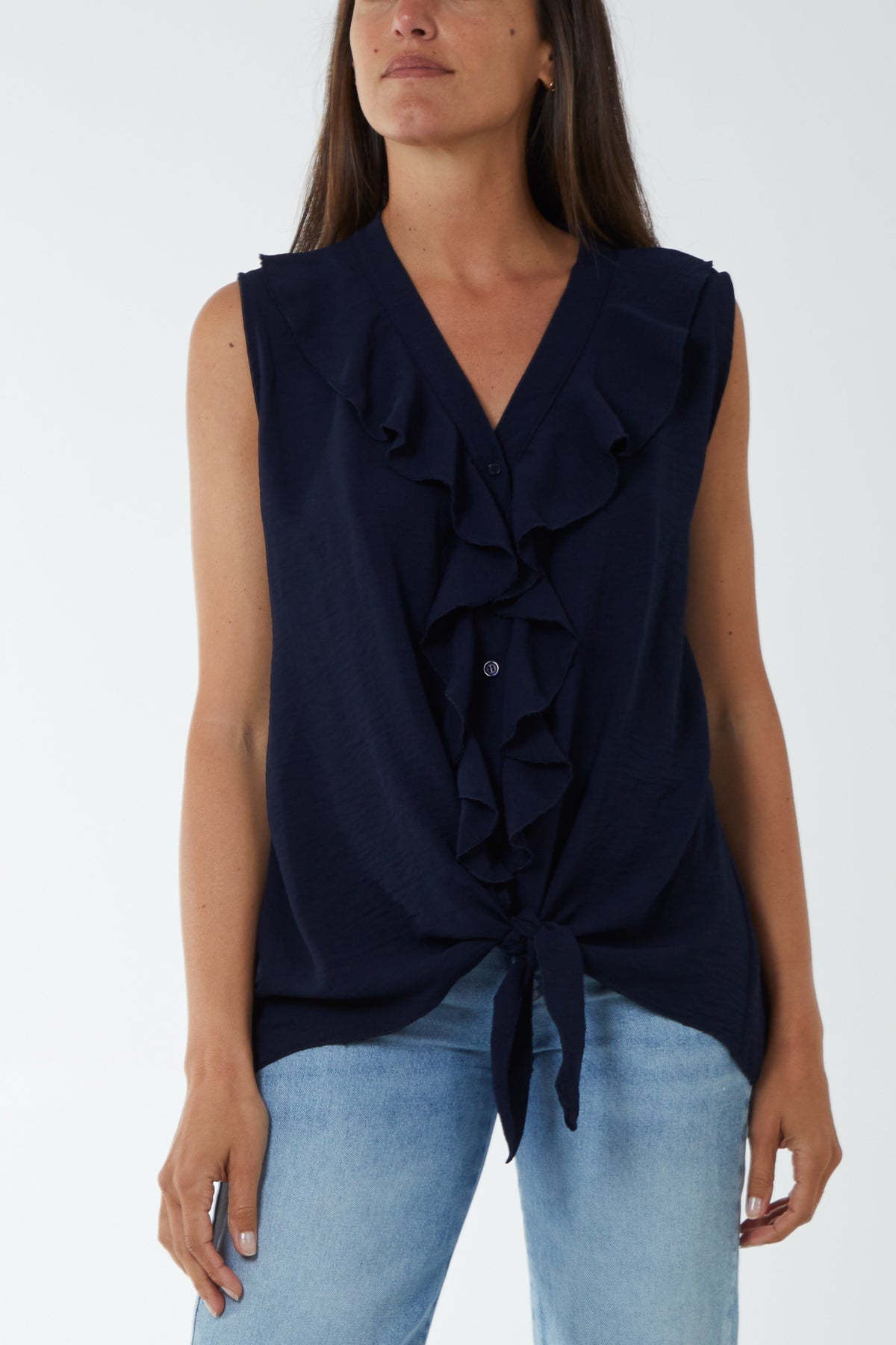 V Neck Ruffle Top with Knot