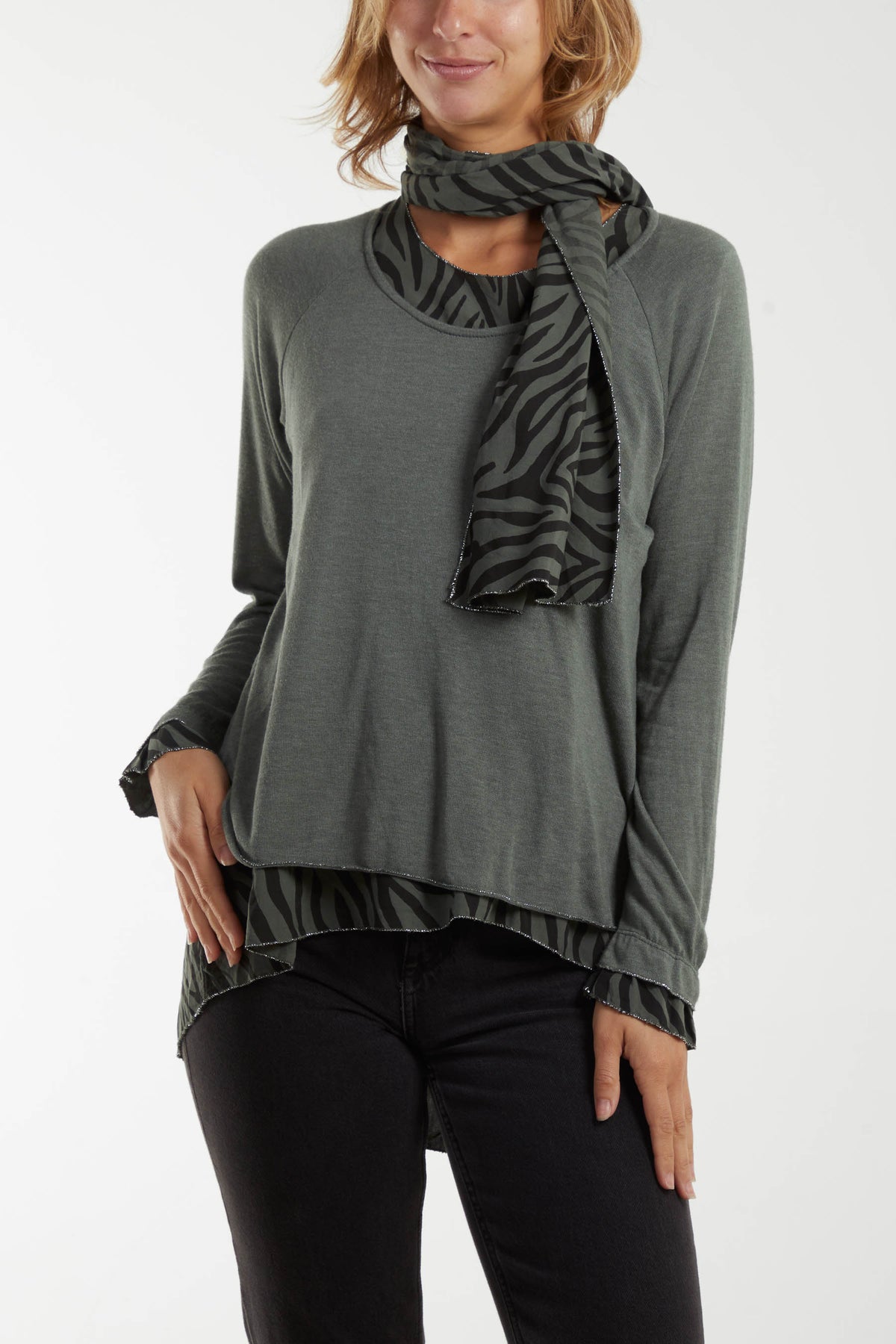 Double Layer Top w/ Animal Print Scarf