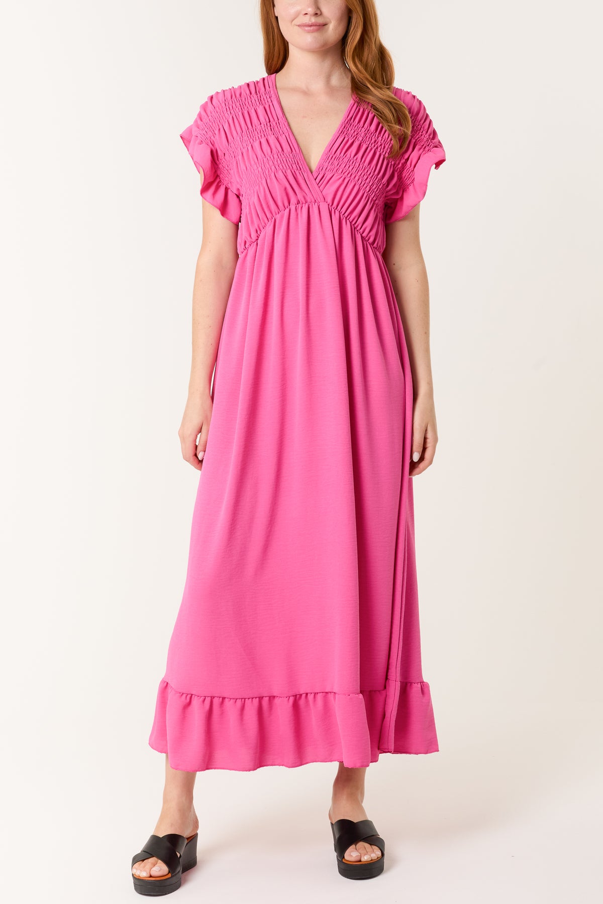 Double V-Neck Shirred Bodice Maxi Dress