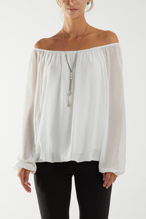 Off The Shoulder Puffball Necklace Top