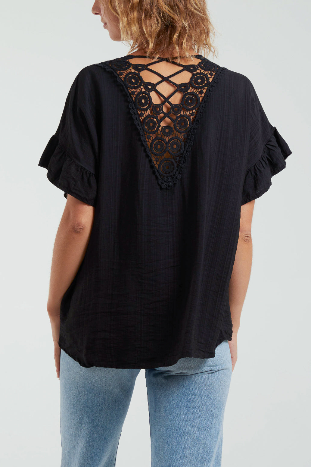 Frill Sleeve Crochet Back Criss-Cross Necklace Top