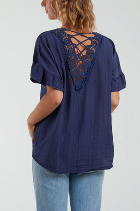 Frill Sleeve Crochet Back Criss-Cross Necklace Top