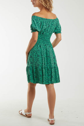 Leaf Print Puff Sleeve Shirred Waist Bardot Mini Dress