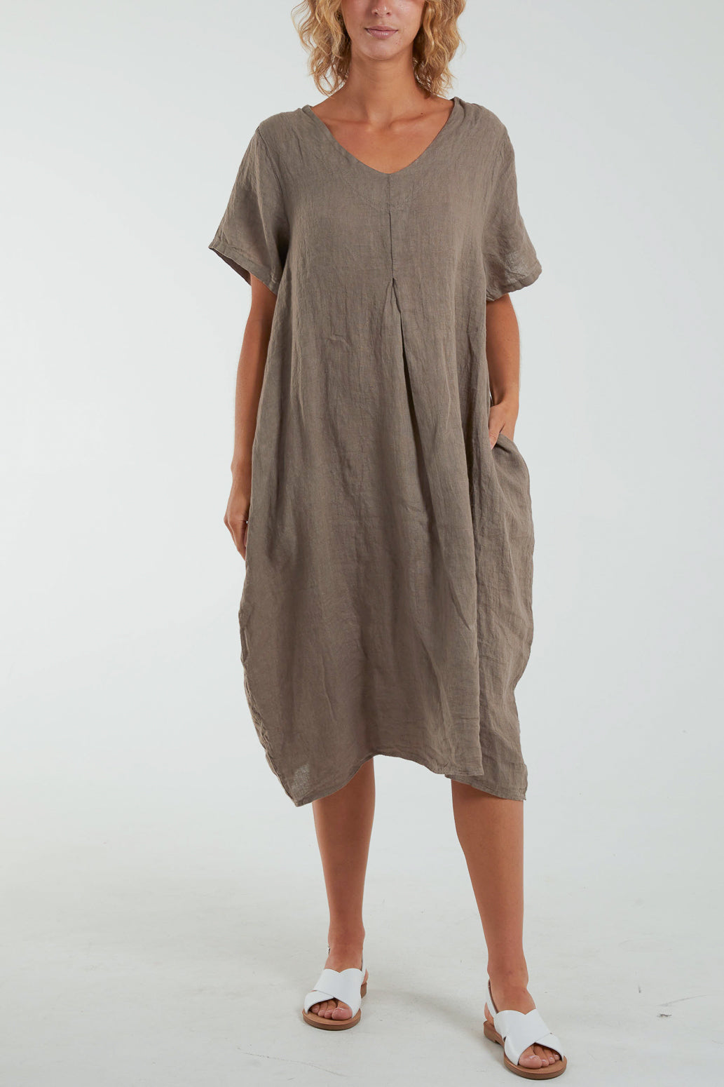 V-Neck Cocoon Midi Dress With Pockets