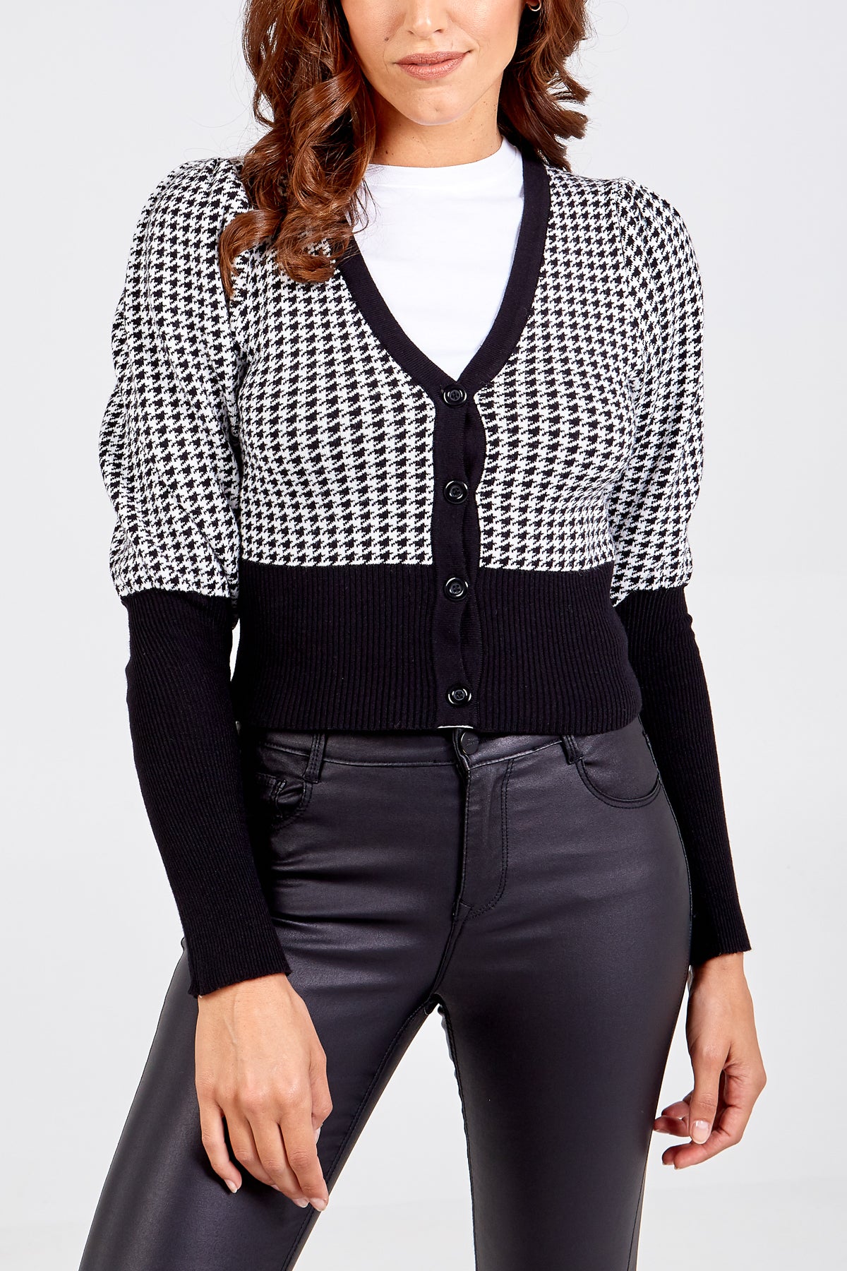 Houndstooth Puff Sleeve Button Up Cardigan