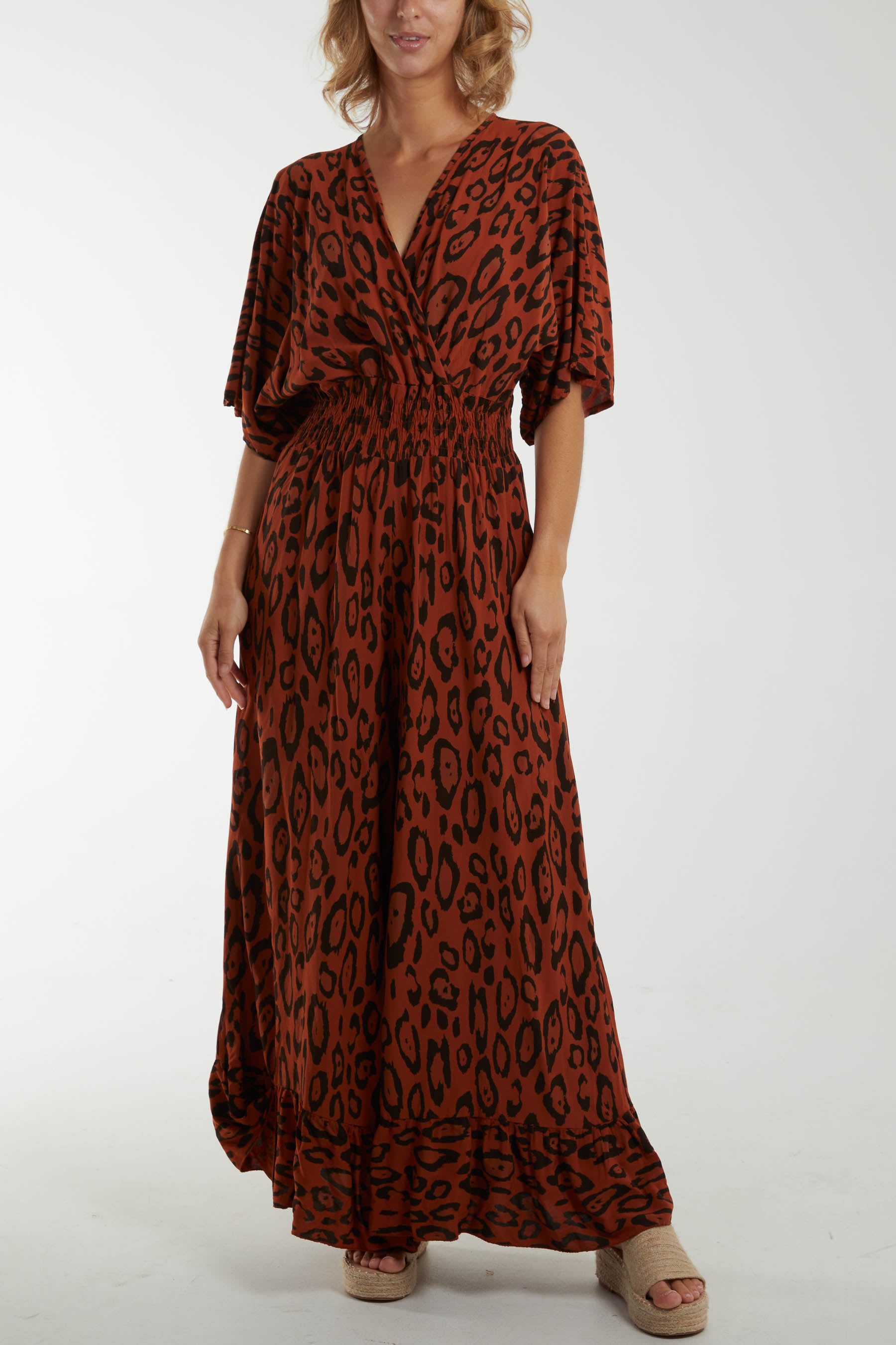 Leopard Wrap Front Shirred Bodice Jumpsuit