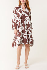Cow Print Open Collar Tiered Dress
