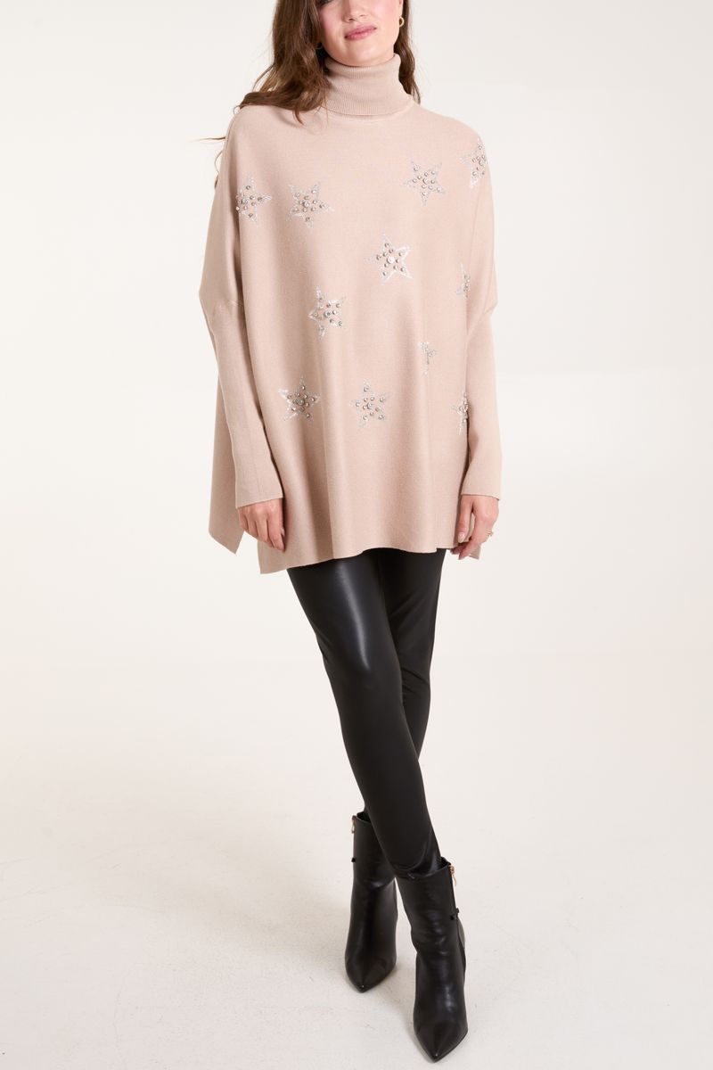 Diamante Star High Neck Poncho Jumper