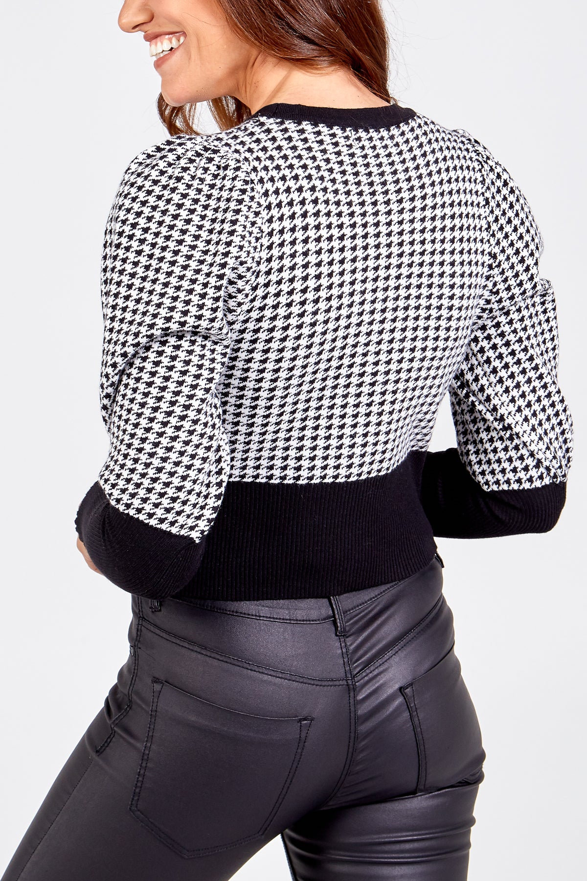 Houndstooth Puff Sleeve Button Up Cardigan