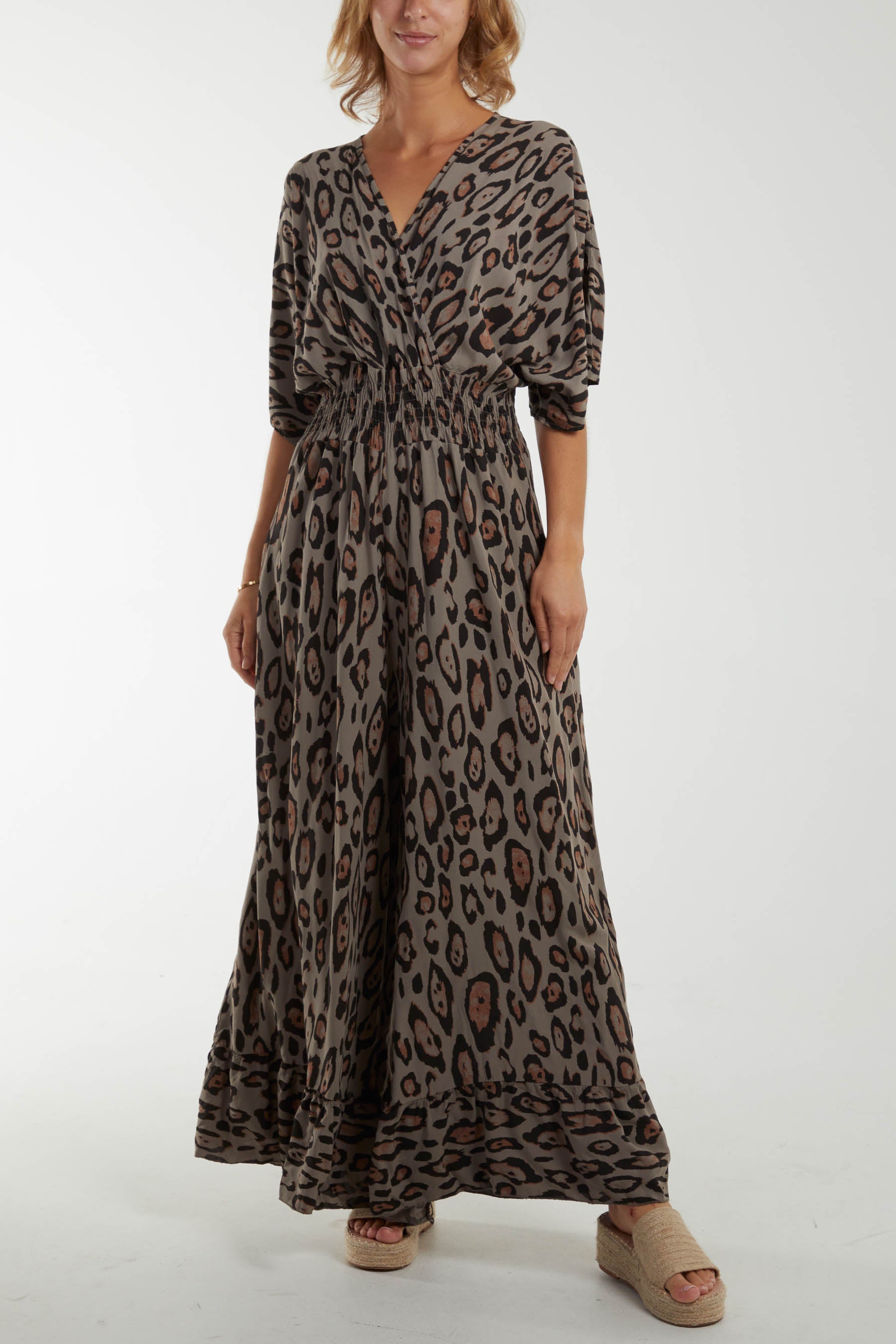 Leopard Wrap Front Shirred Bodice Jumpsuit