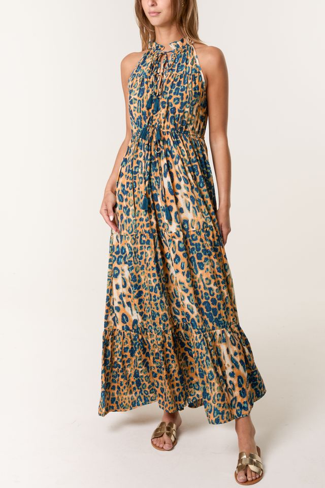 Diamante Animal Print Tiered Maxi Dress
