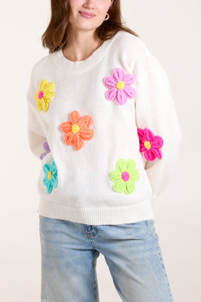 Knitted Flowers Crew Neck Jumper