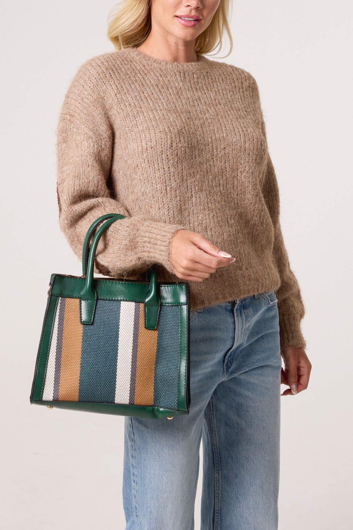 Canvas Stripe Handbag w/ Strap & Clutch Purse
