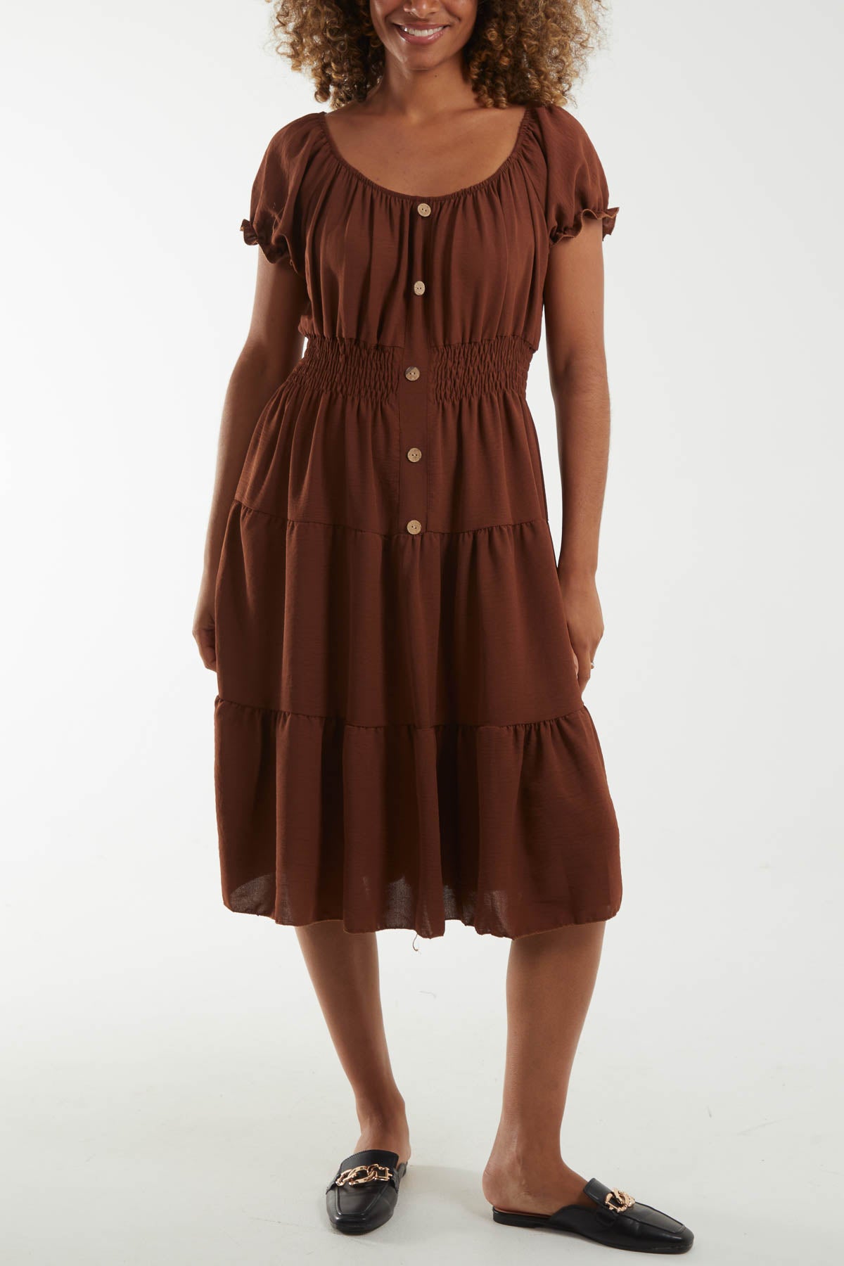 Scoop Neck/Bardot Shirred Bodice Tiered Button Dress
