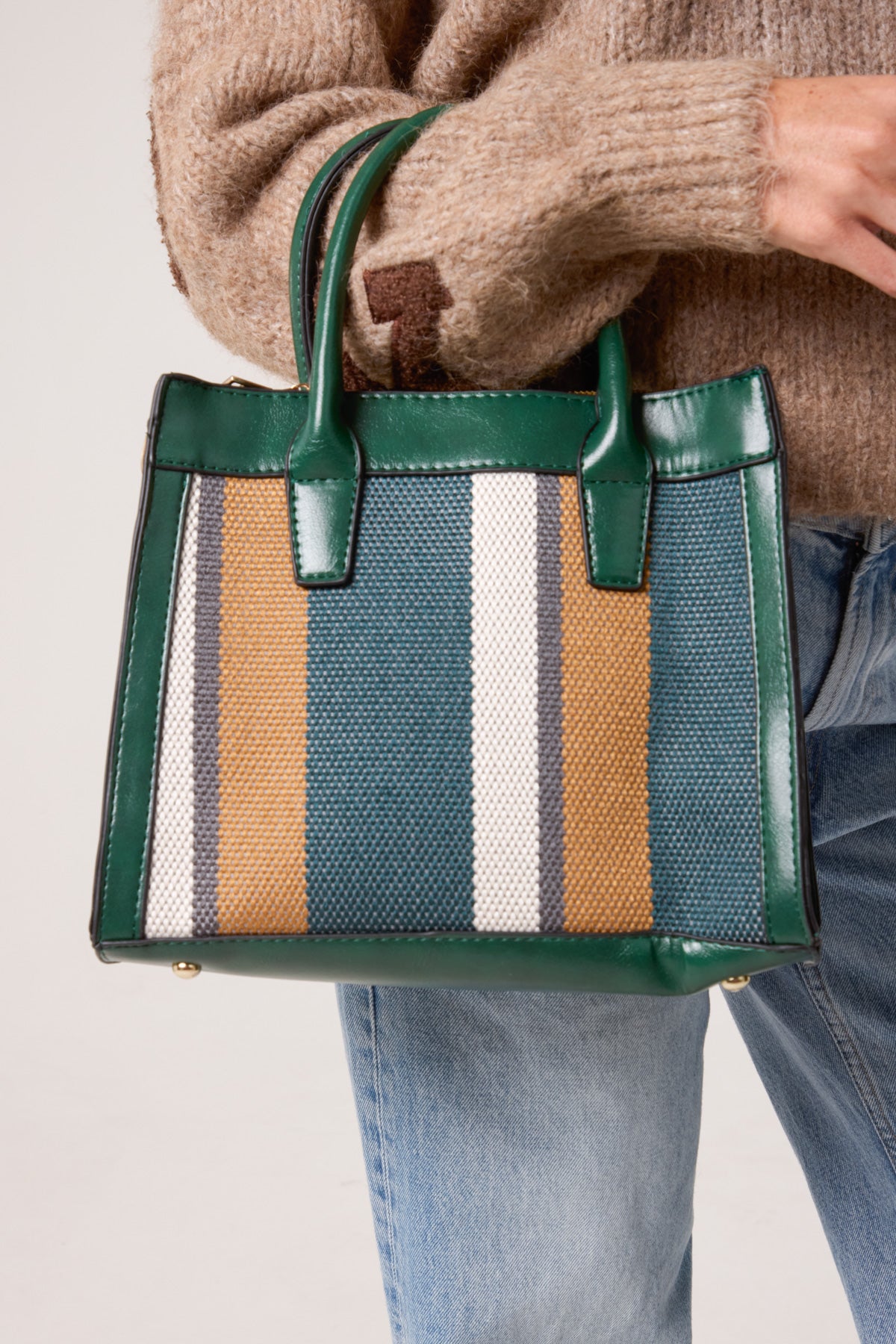 Canvas Stripe Handbag w/ Strap & Clutch Purse