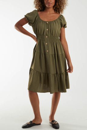 Scoop Neck/Bardot Shirred Bodice Tiered Button Dress