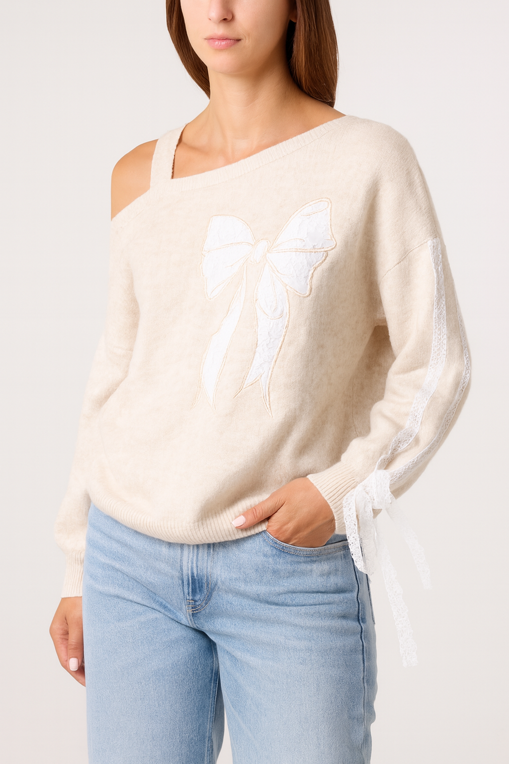 Embroidered & Lace Bow One Shoulder Jumper