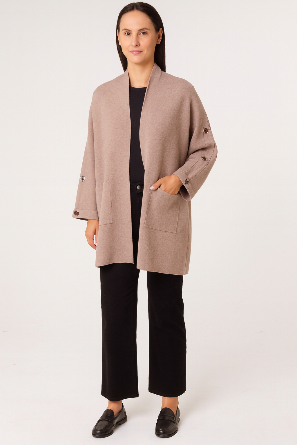 Button Sleeve Open Front Cardigan