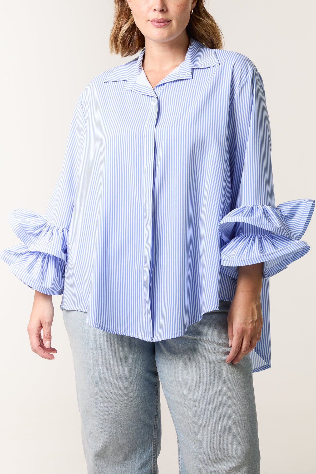 Double Layer Frill Sleeve Stripe Shirt