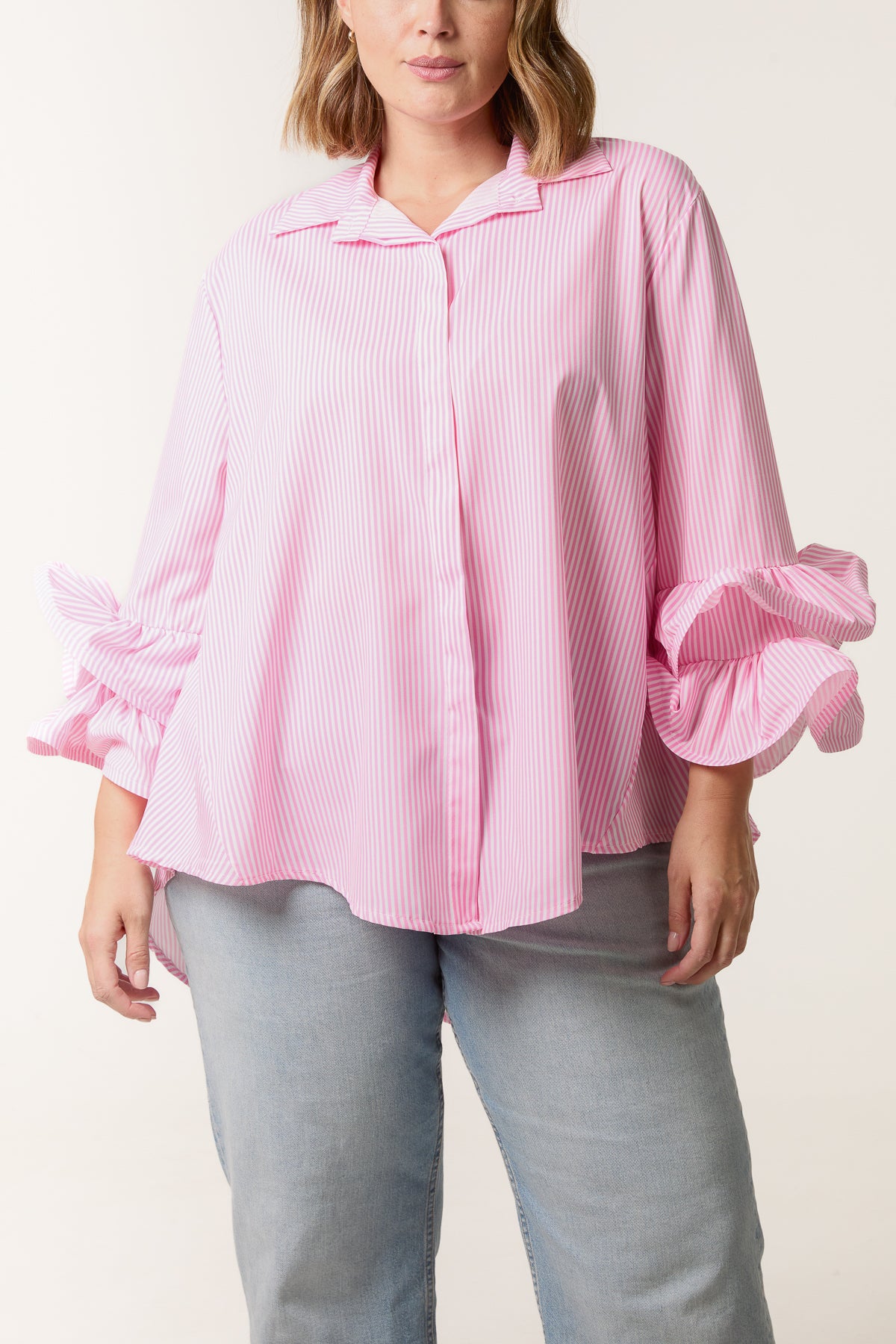 Double Layer Frill Sleeve Stripe Shirt