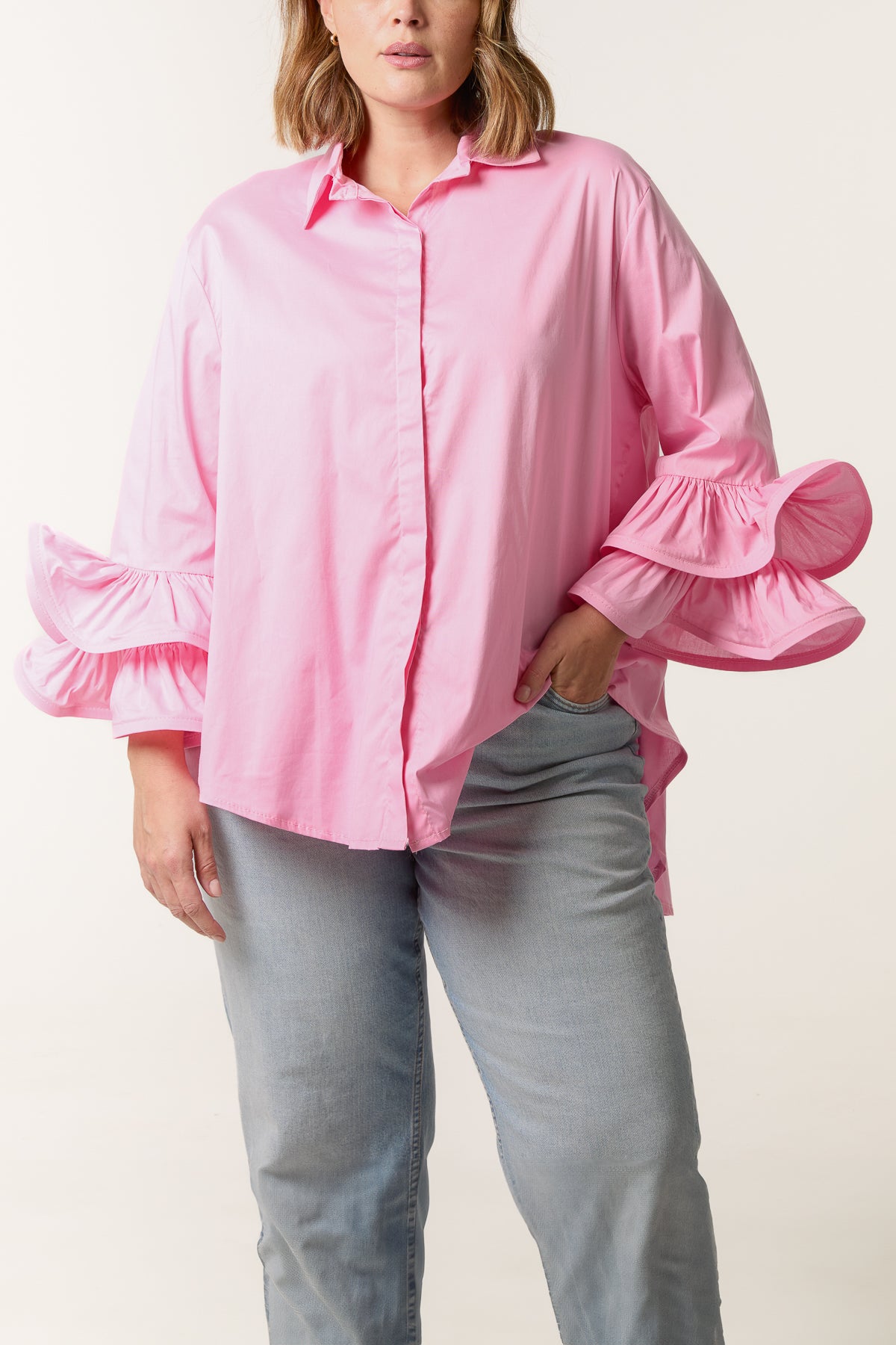 Cotton Poplin Double Frill Sleeve Shirt