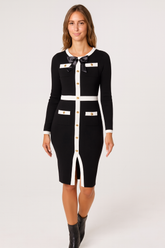 Gold Button & Bow Contrast Knit Dress