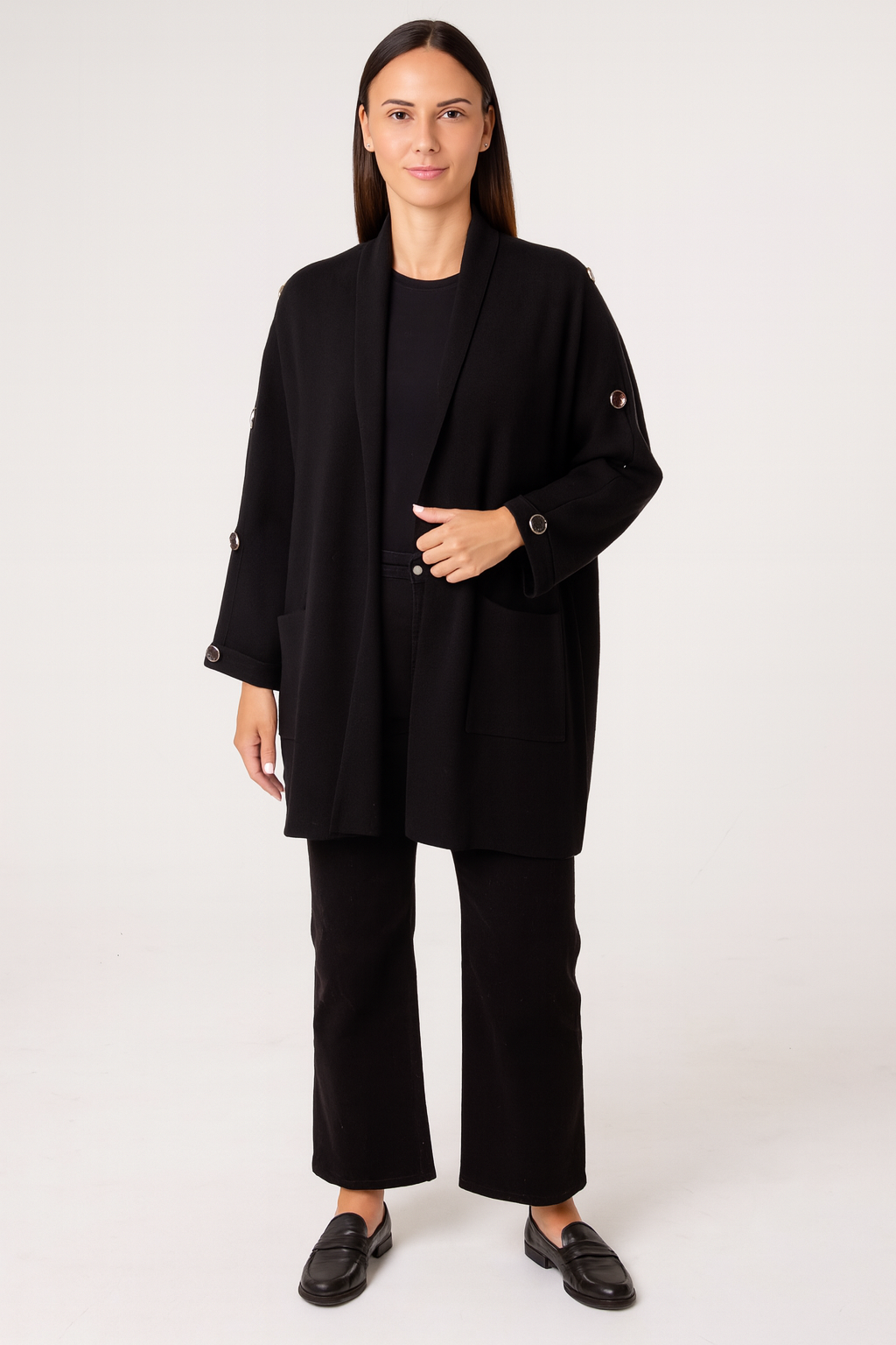 Button Sleeve Open Front Cardigan