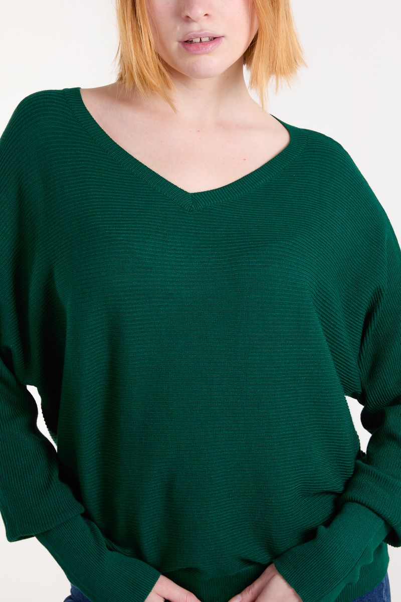 Emerald Ribbed Knit V-Neck Jumper