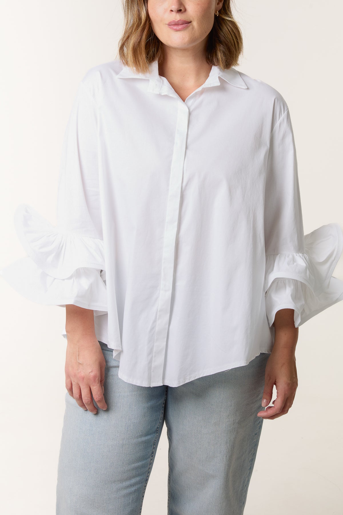 Cotton Poplin Double Frill Sleeve Shirt