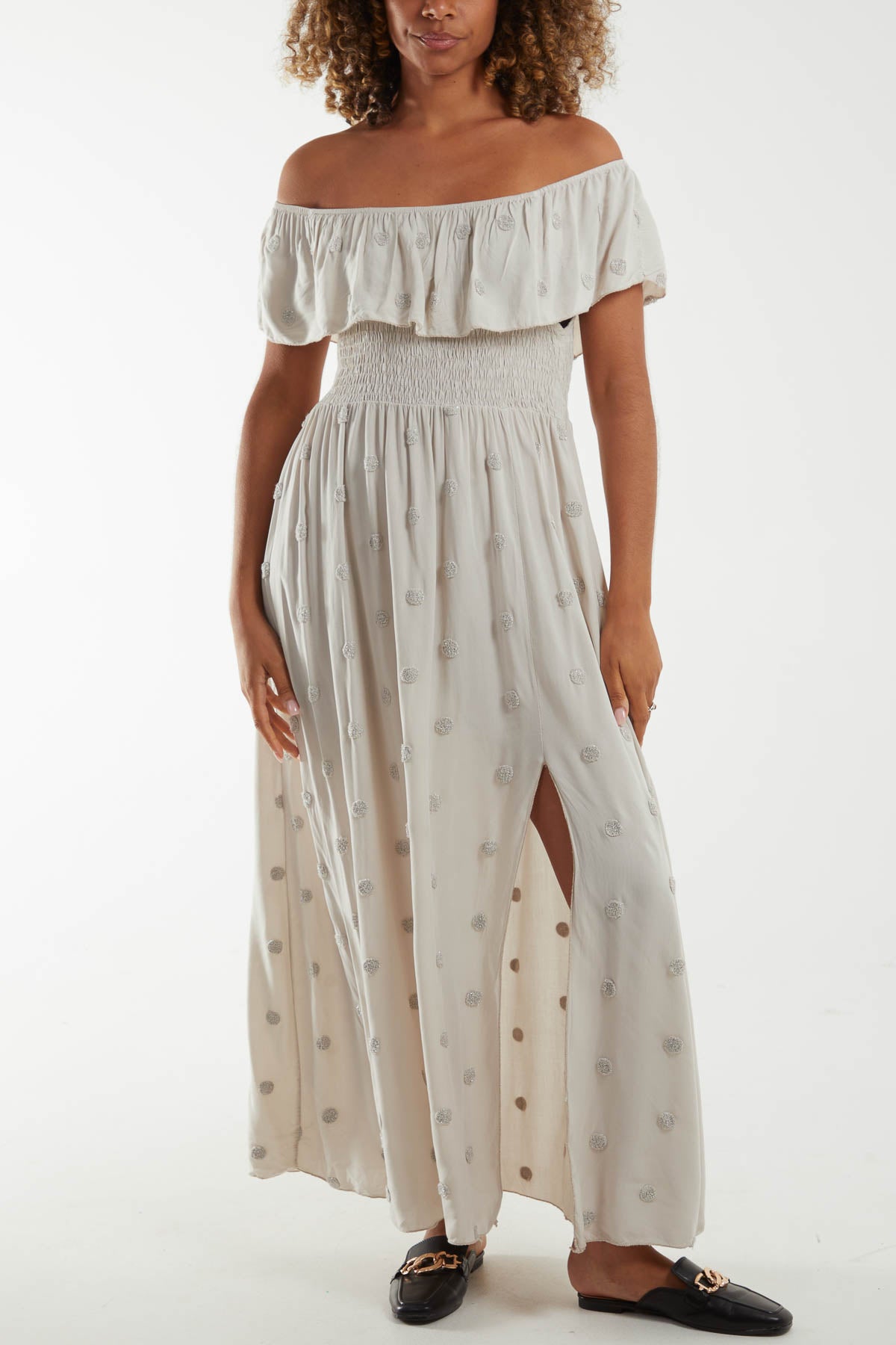 Bardot Lurex Embroidery Shirred Bust Maxi Dress w/ Split