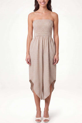 Bandeau Shirred Asymmetric Checked Jumpsuit