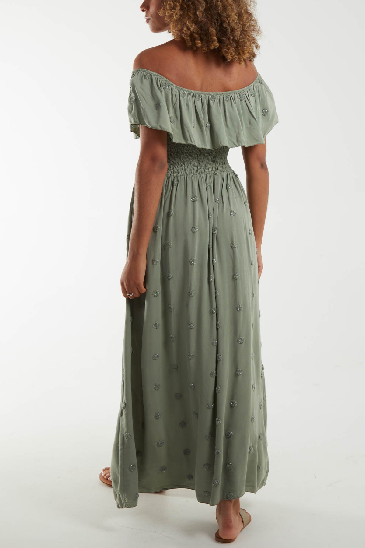 Bardot Lurex Embroidery Shirred Bust Maxi Dress w/ Split