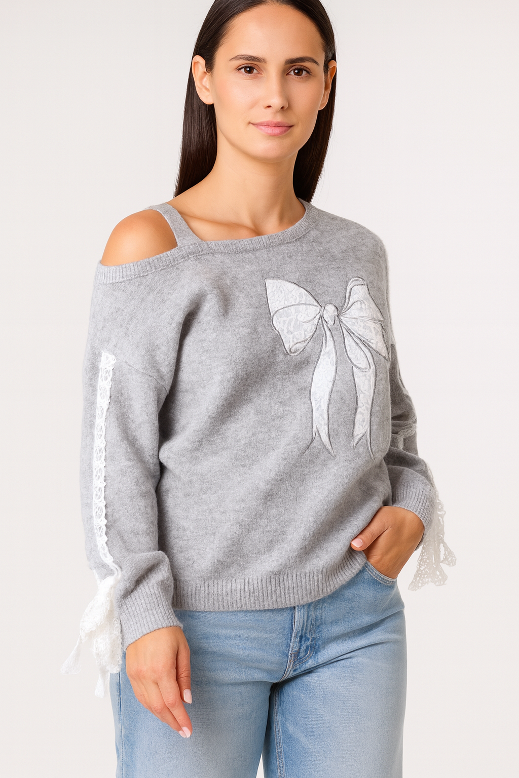 Embroidered & Lace Bow One Shoulder Jumper