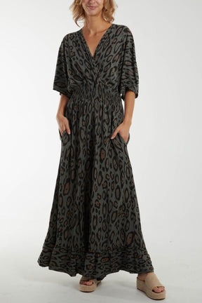 Leopard Wrap Front Shirred Bodice Jumpsuit