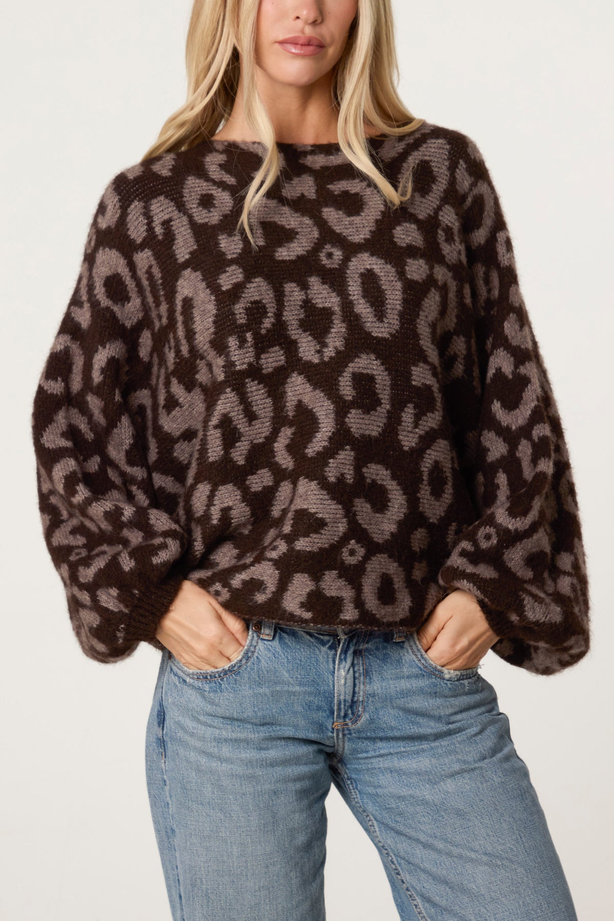 Leopard Print Balloon Sleeve Knit Jumper