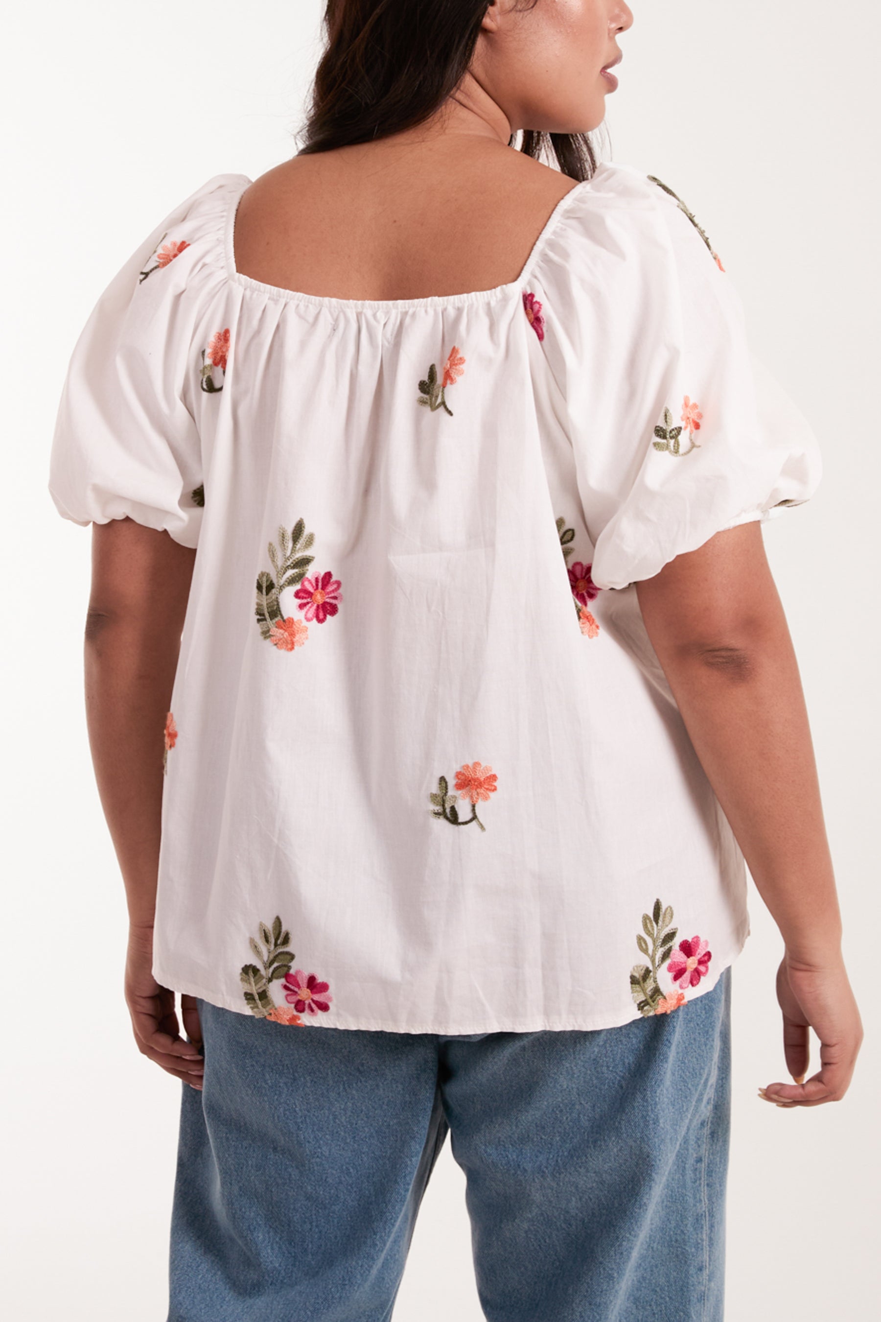 Curve Square Neck Flower Embroidered Top
