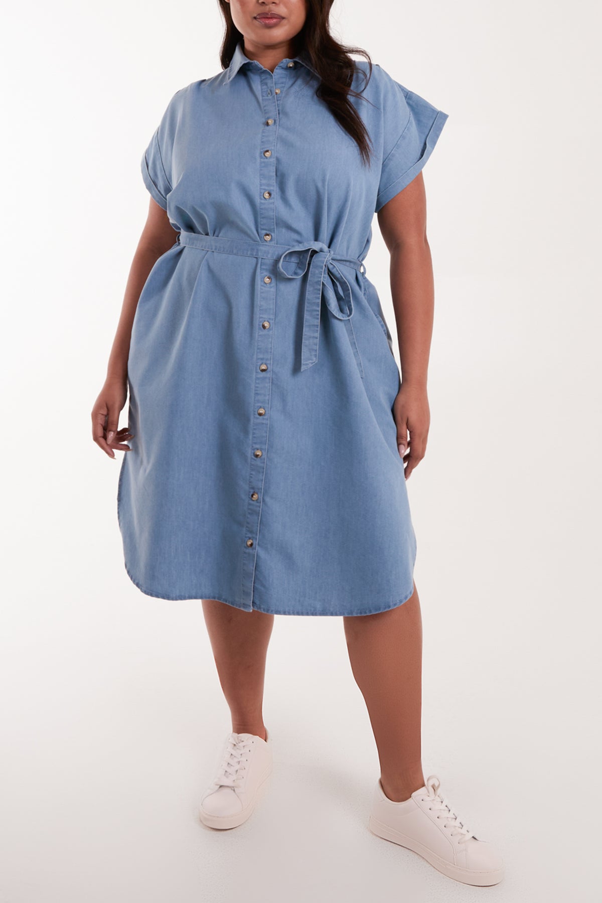 Curve Button Front Belted Shirt Dress