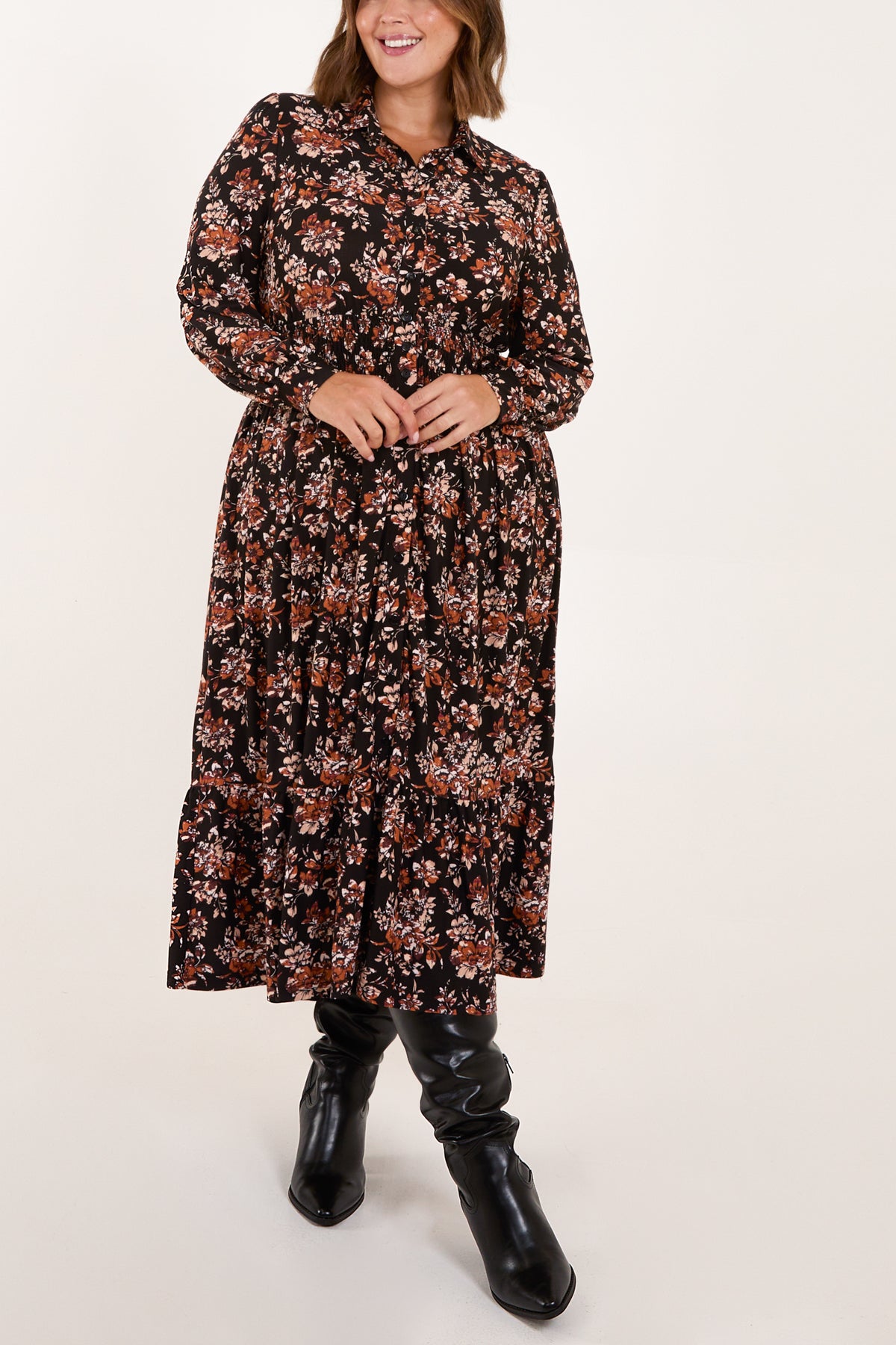 Curve Autumn Floral Shirred Waist Midi Dress