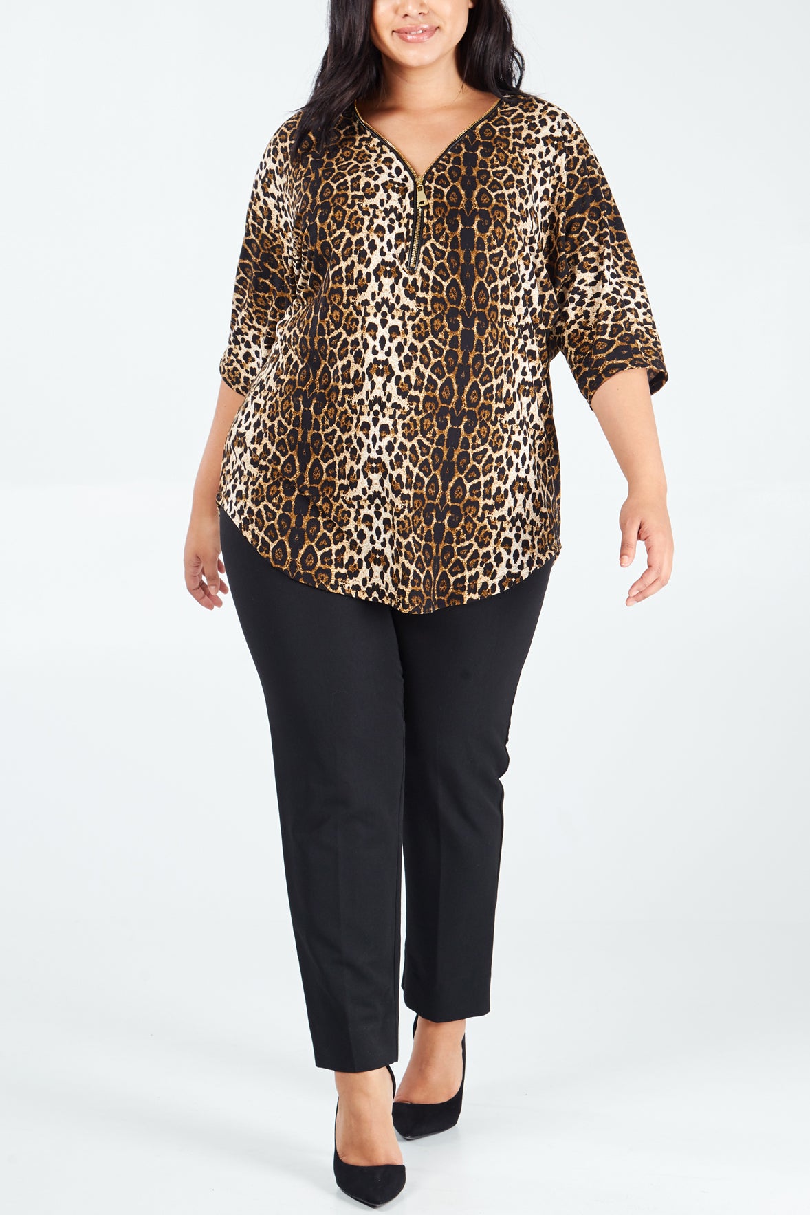 Curve Leopard Print Soft Touch Zip Top