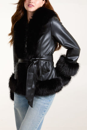 Pu & Faux Fur Zip & Belted Peplum Jacket