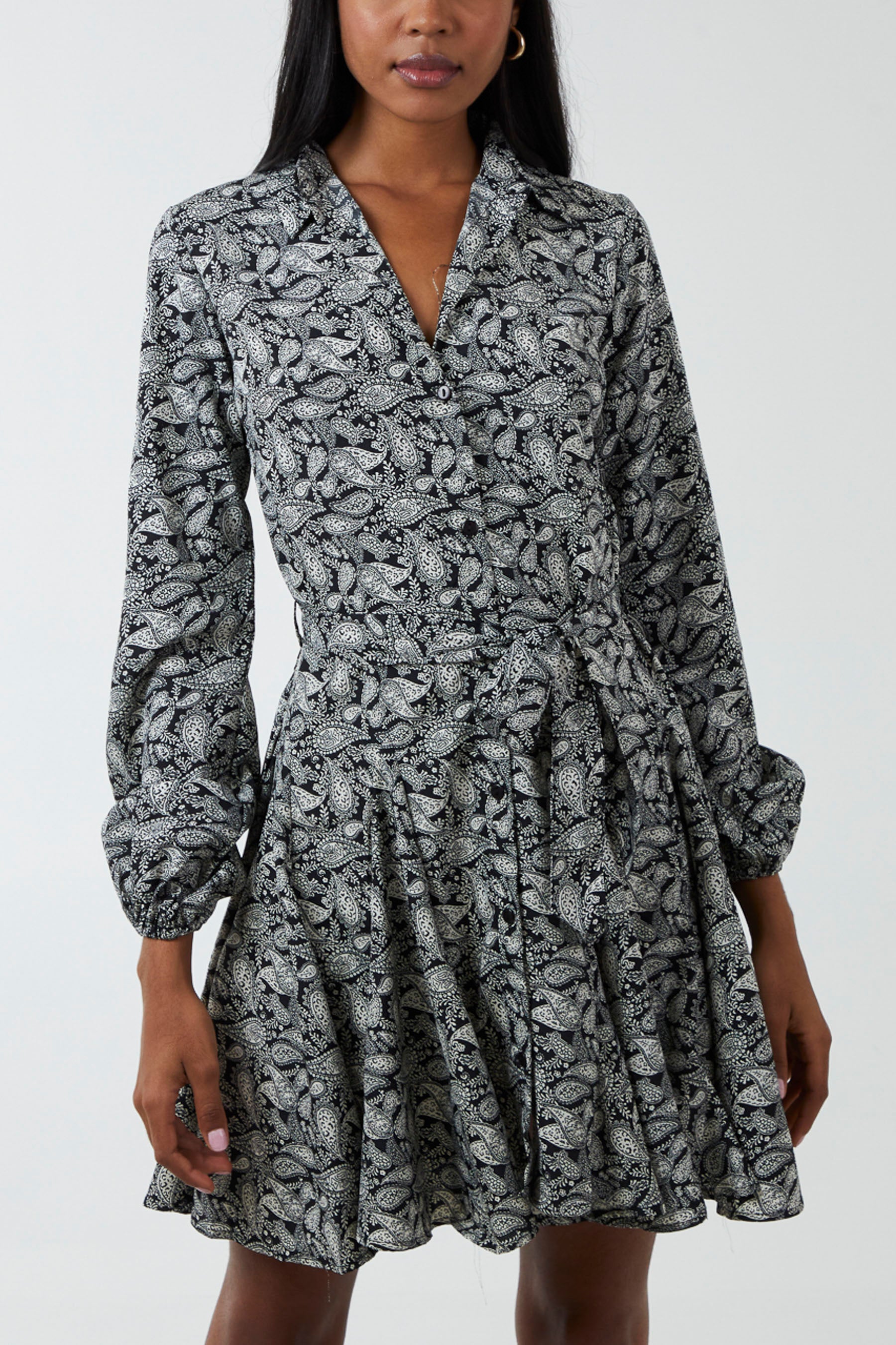 Paisley Shirt Mini Dress w/ Godet Hem