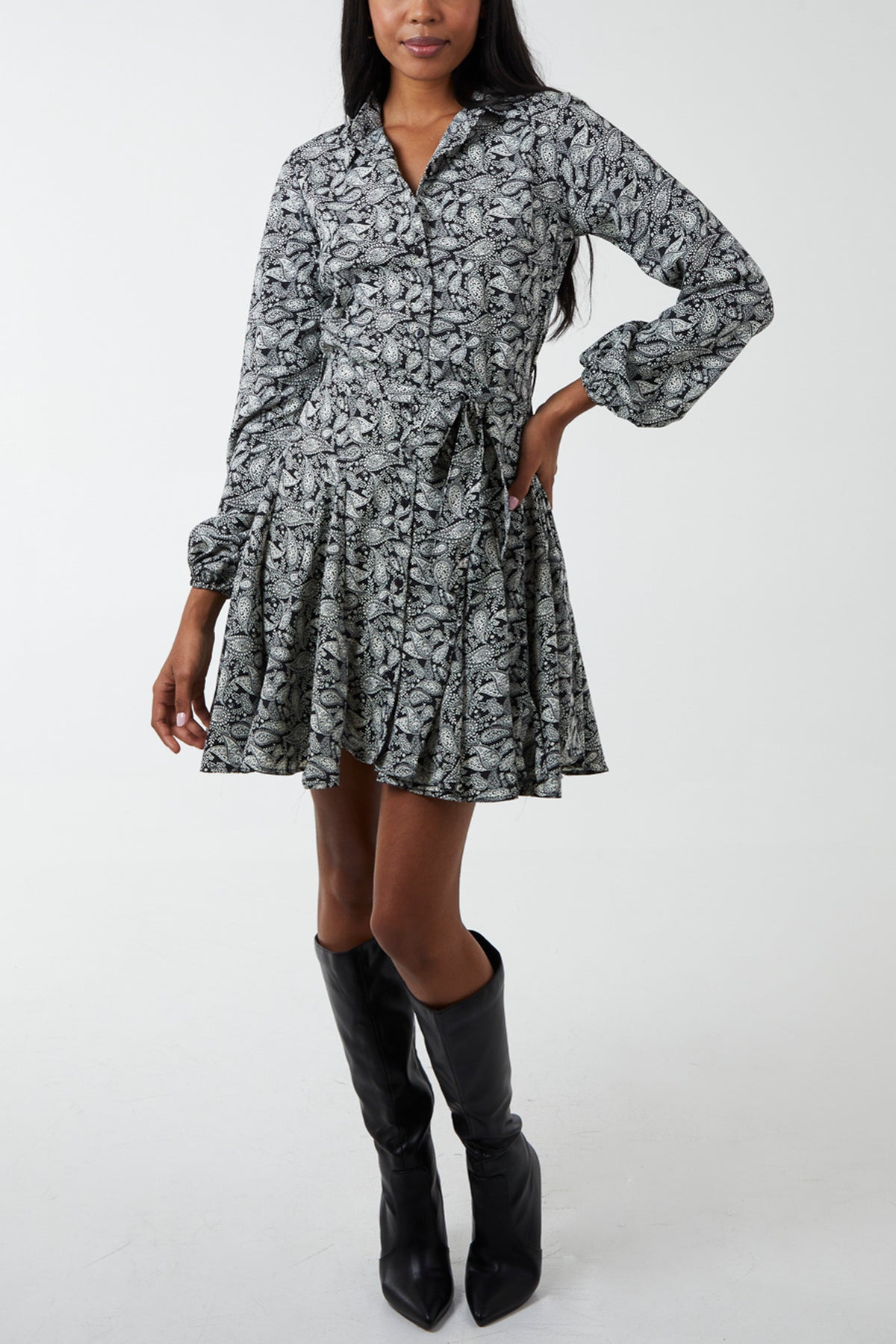 Paisley Shirt Mini Dress w/ Godet Hem