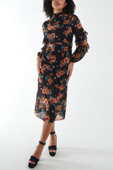 Ruffled Sleeve Floral Print Midi Dress