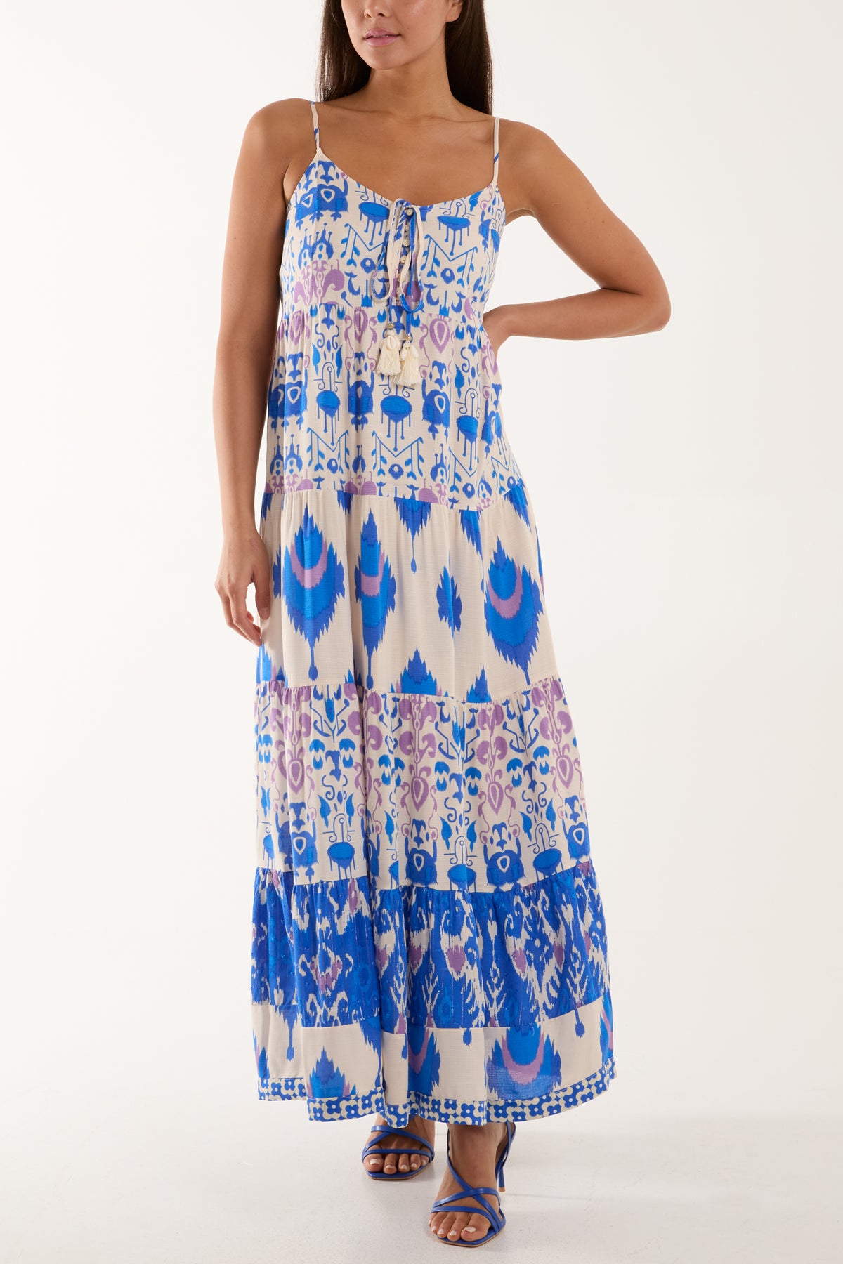 Multi Print Tiered Tassel Maxi Dress