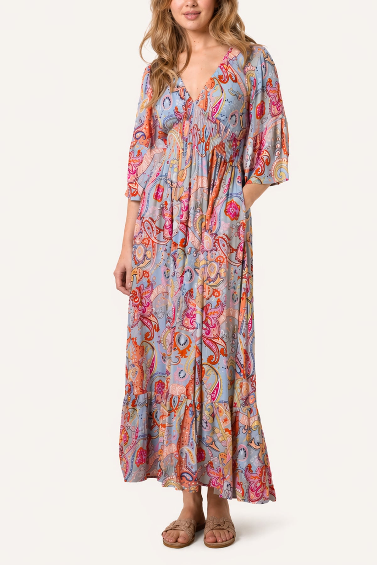 Abstract Paisley Viscose V Neck Midi Dress