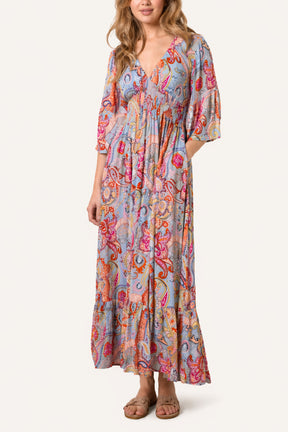 Abstract Paisley Viscose V Neck Midi Dress