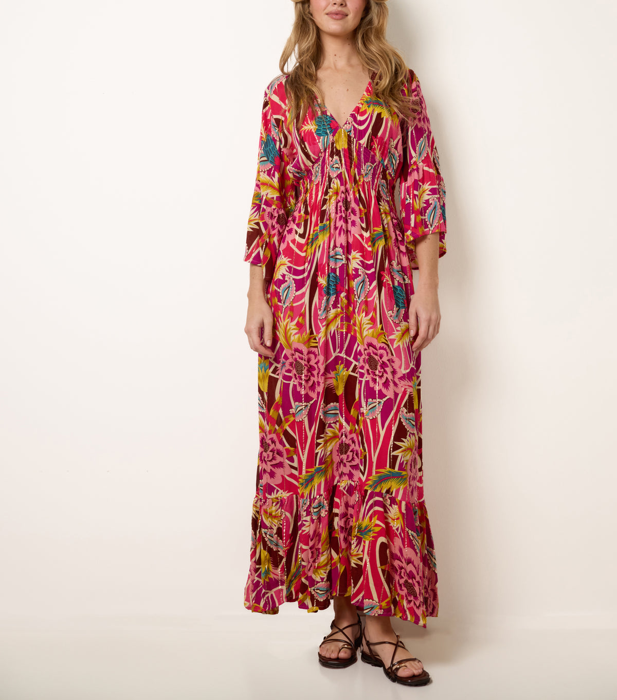 V-Neck Metallic Detail Bright Floral Dress