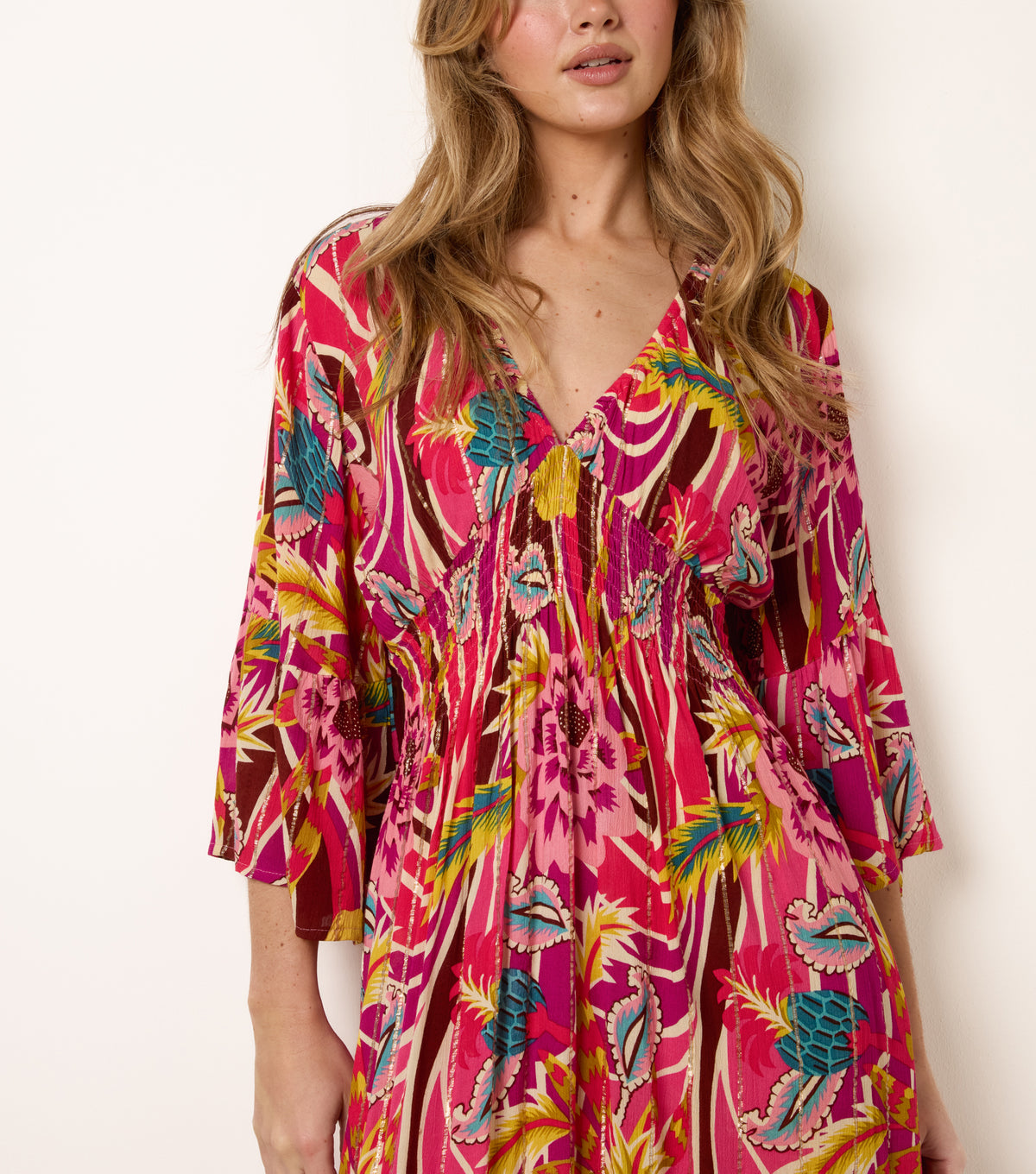 V-Neck Metallic Detail Bright Floral Dress